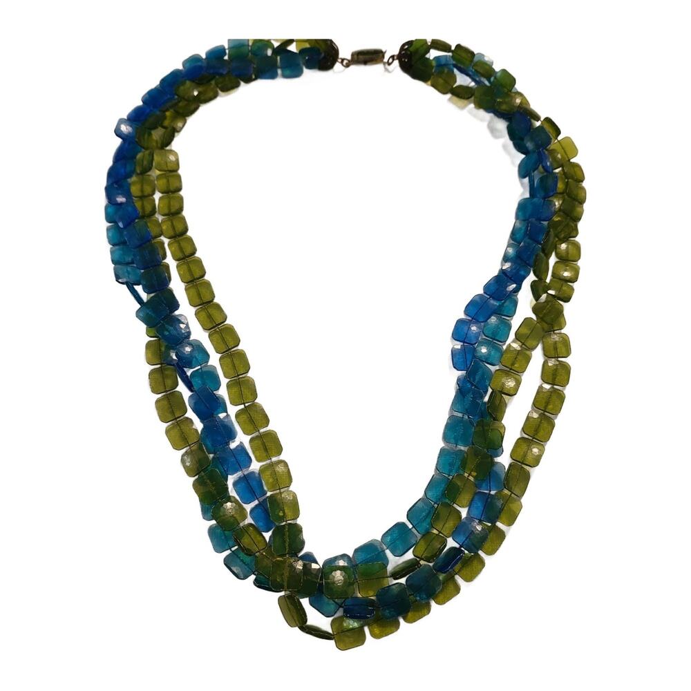 Vintage Four Strand Blue Green Beaded Necklace 1960s
